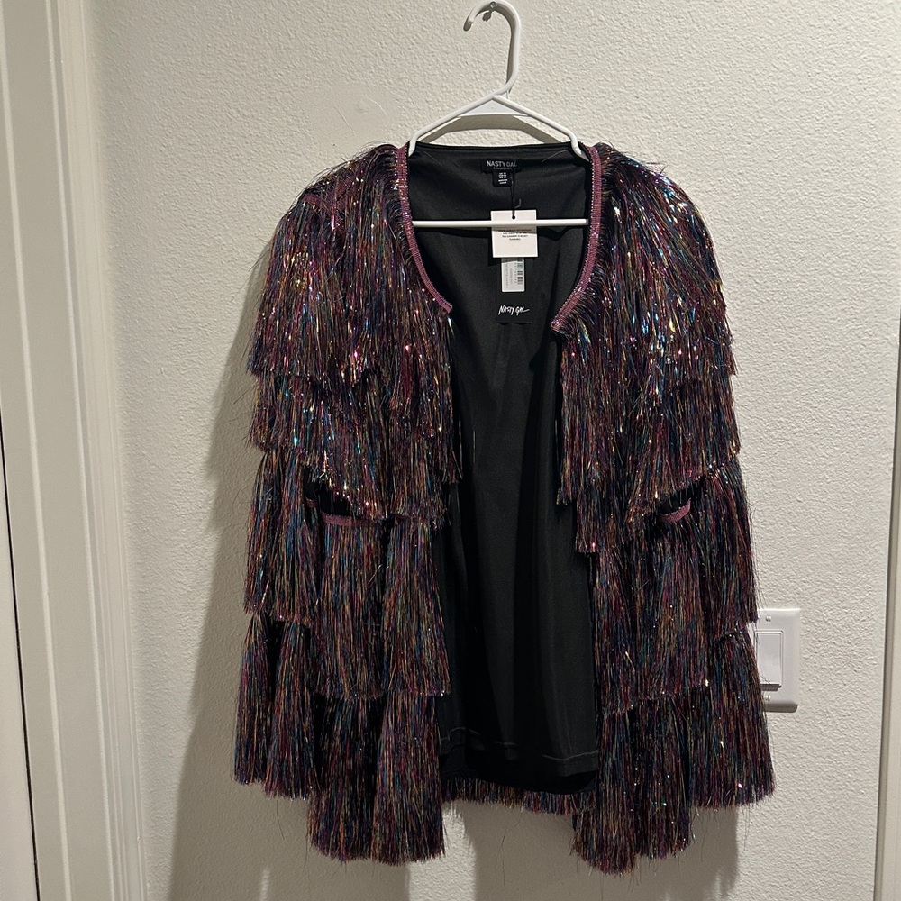 Nasty Gal Metallic Tiered Tinsel Fringe Open Front Jacket in Multicolor US 14
